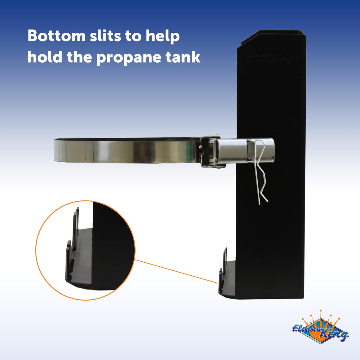 Flame King bracket mounted on Jeep tailgate holding 5LB tank securely during travel
