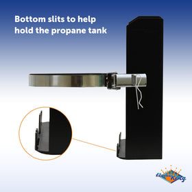 Flame King bracket mounted on Jeep tailgate holding 5LB tank securely during travel