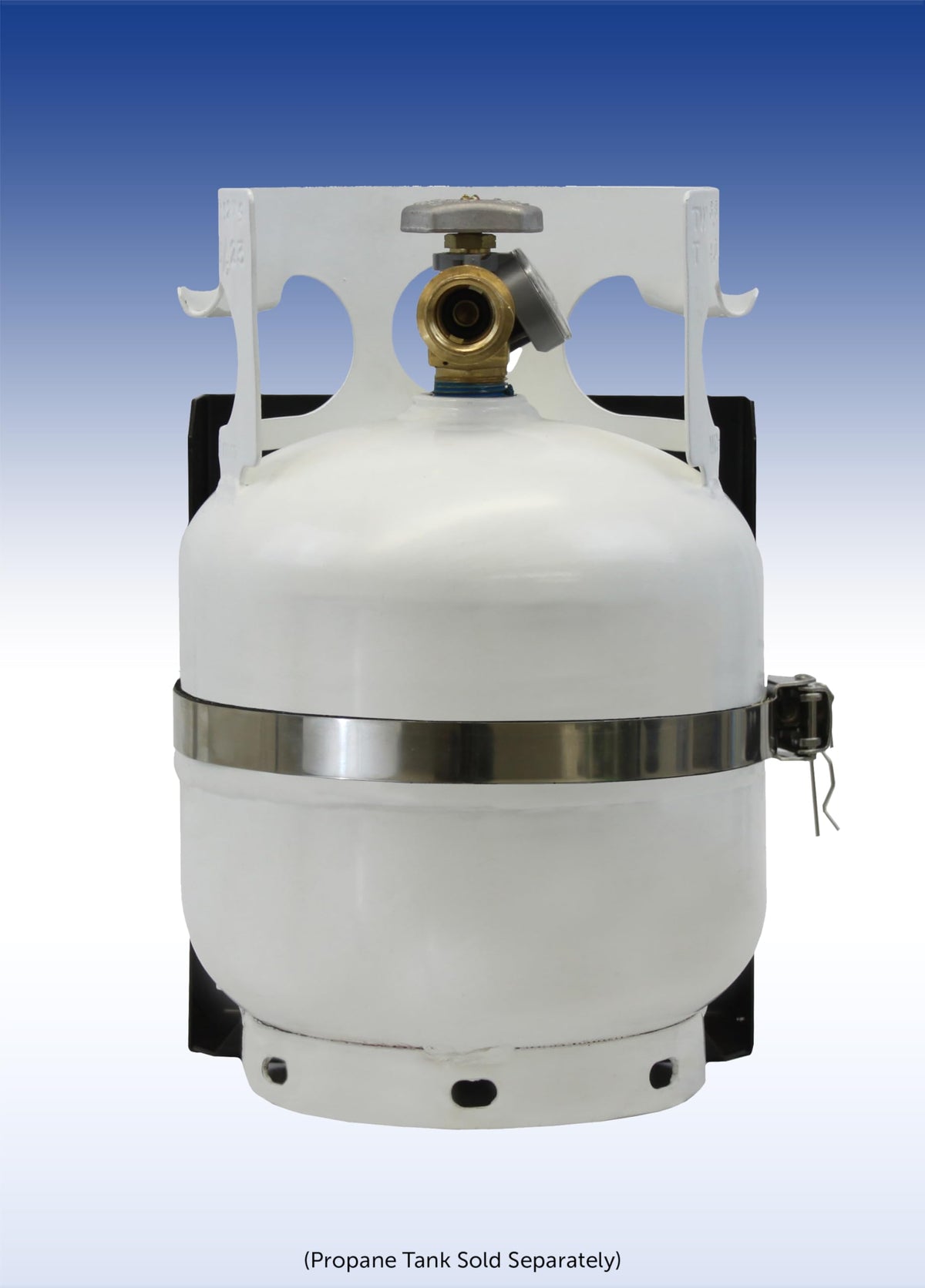Flame King side profile showing tank seated in bracket for stable vertical storage