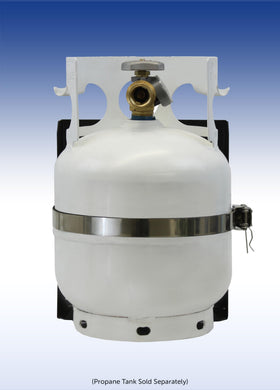 Flame King side profile showing tank seated in bracket for stable vertical storage