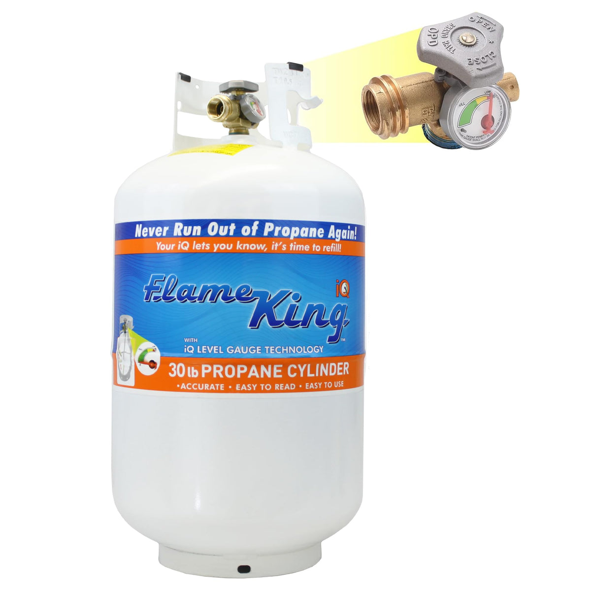 Flame King YSN330 front view showing full tank and label for dependable supply