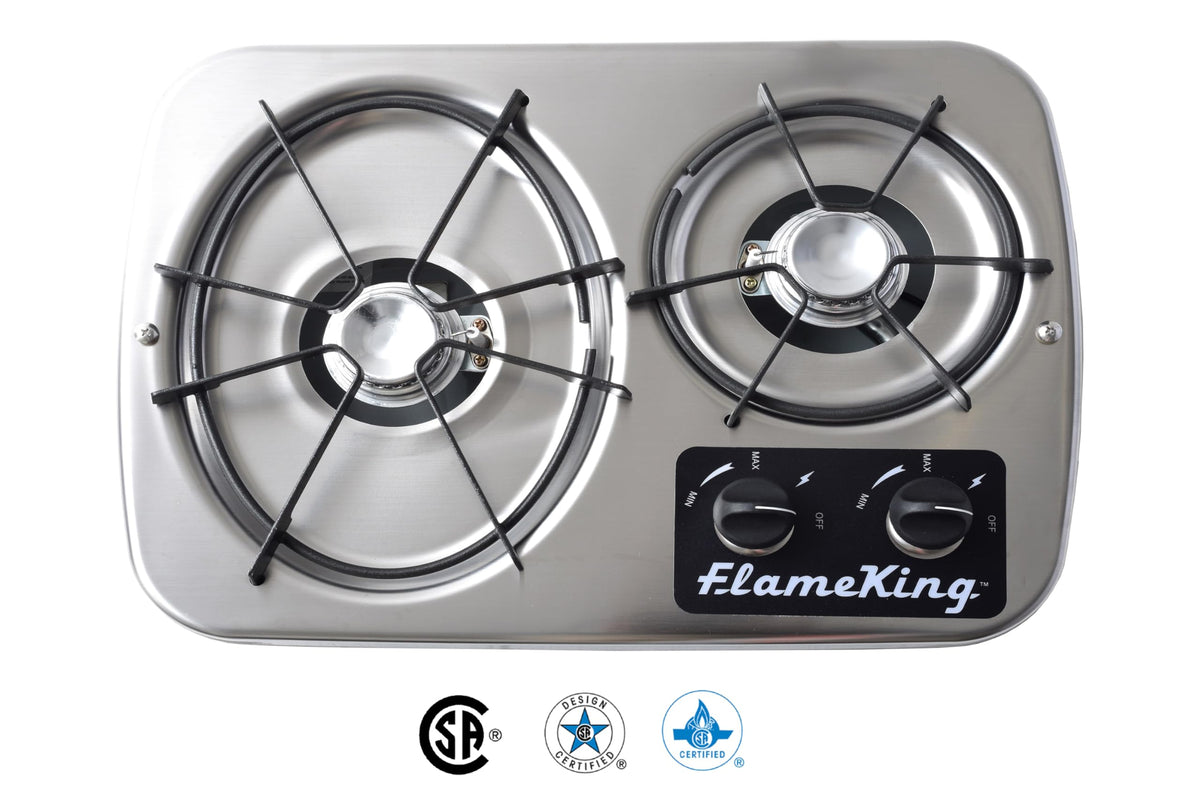 Flame King close-up of burners highlighting 7200 and 5200 BTU performance control