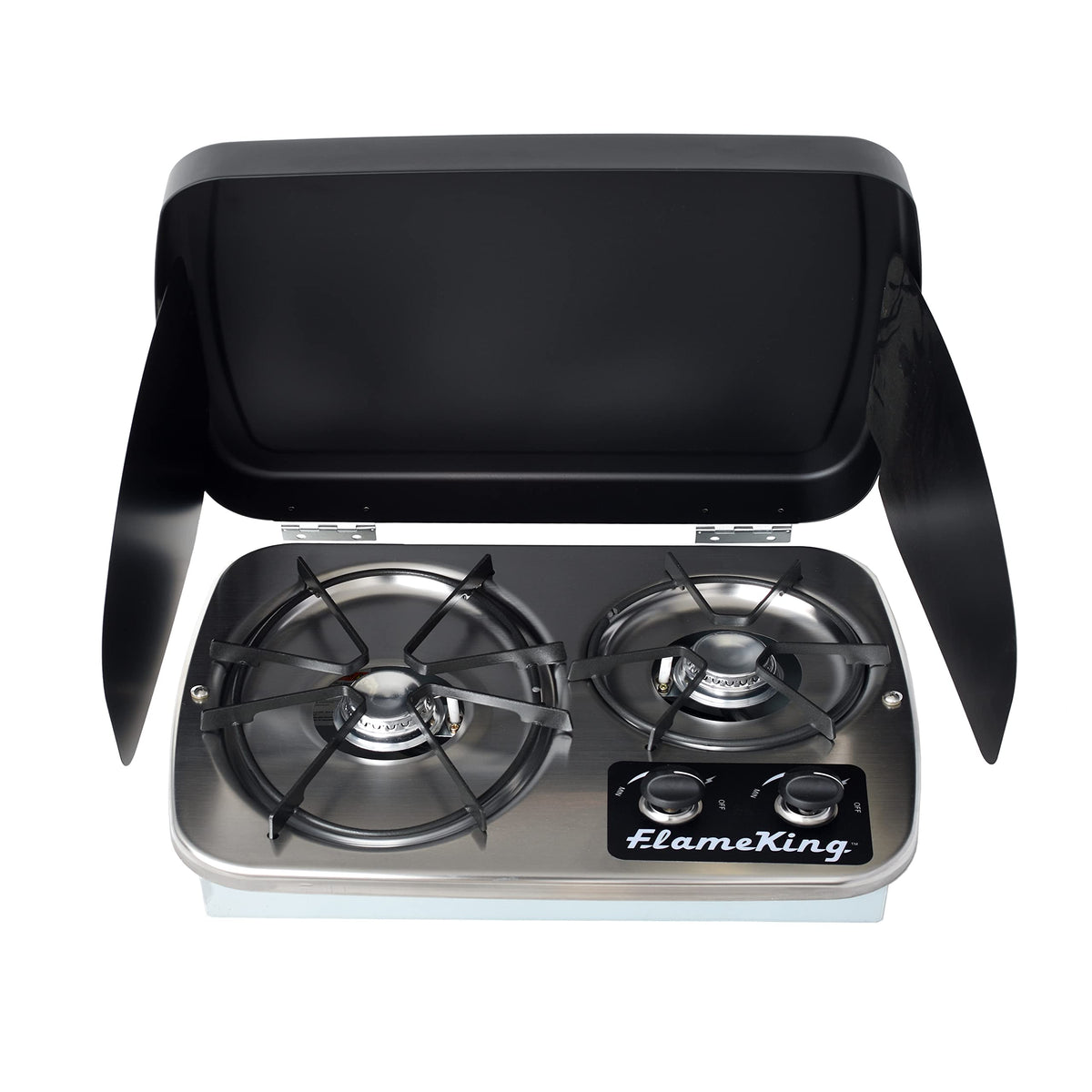 Flame King front view of two-burner cooktop showing compact design and easy installation
