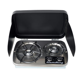 Flame King front view of two-burner cooktop showing compact design and easy installation