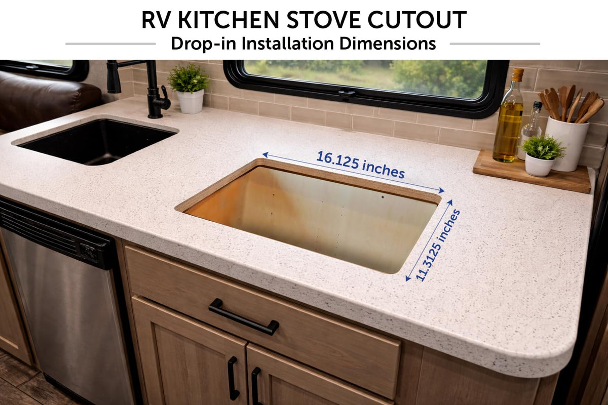 Flame King unit installed in an RV counter demonstrating seamless built-in fit