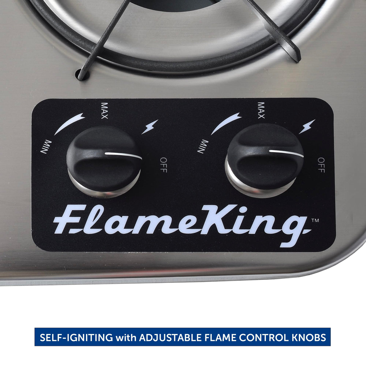 Flame King control knobs and piezo igniter detail offering simple, match-free starts