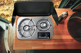 Flame King cooktop with pot and pan showing scale and versatile cooking capacity