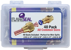 FlareSeal front pack showing 40-piece starter kit and contents benefits
