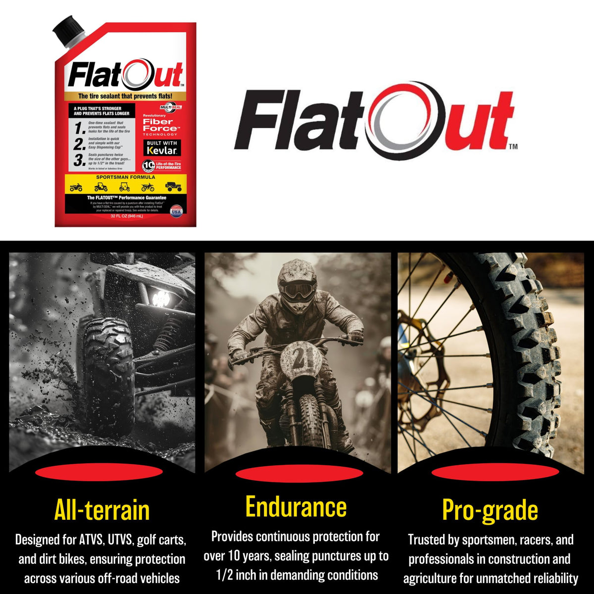 FlatOut 32-ounce bottle beside ruler showing product size and convenient volume
