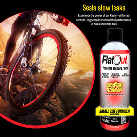 FlatOut close-up of label highlighting Kevlar fibers and safe formula benefit