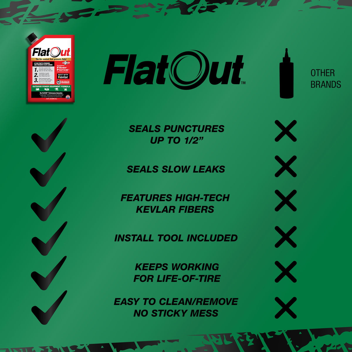 FlatOut applied to zero-turn mower tire showing reliable field performance