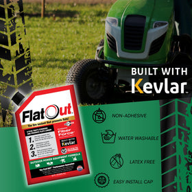 FlatOut pouring into mower tire demonstrating fast application and protection