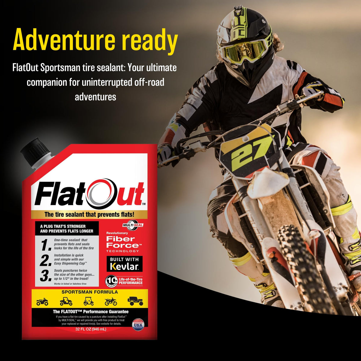 FlatOut bottle pouring into valve stem demonstrating easy application and quick use