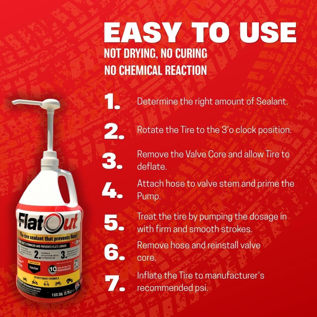 Pouring FlatOut into an ATV tire showing quick, easy refill