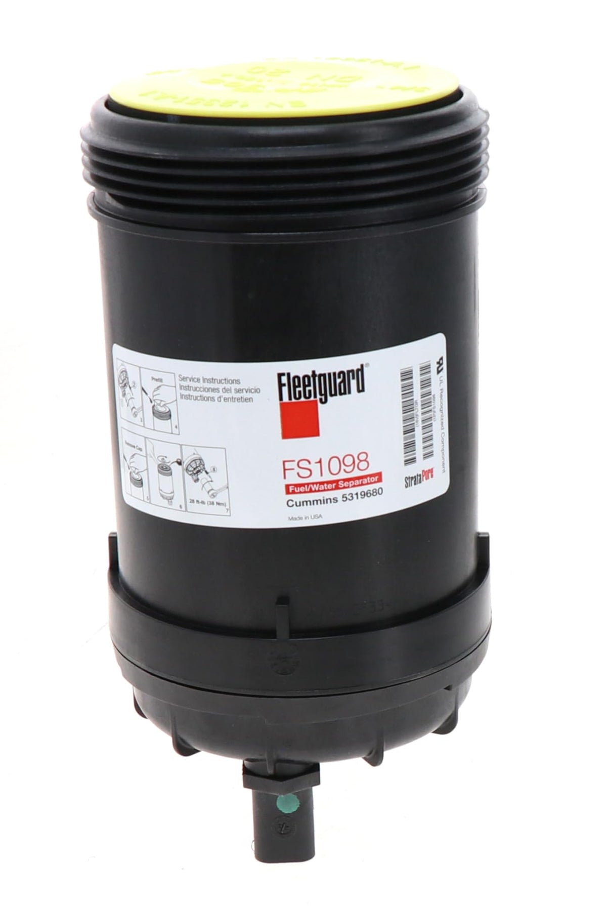 Fleetguard FS1098 front view showing label and spin-on canister, ensuring correct replacement