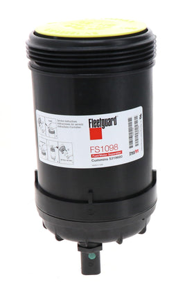 Fleetguard FS1098 front view showing label and spin-on canister, ensuring correct replacement