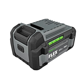 FLEX 24V 5.0Ah battery front view showing label and fuel gauge benefit