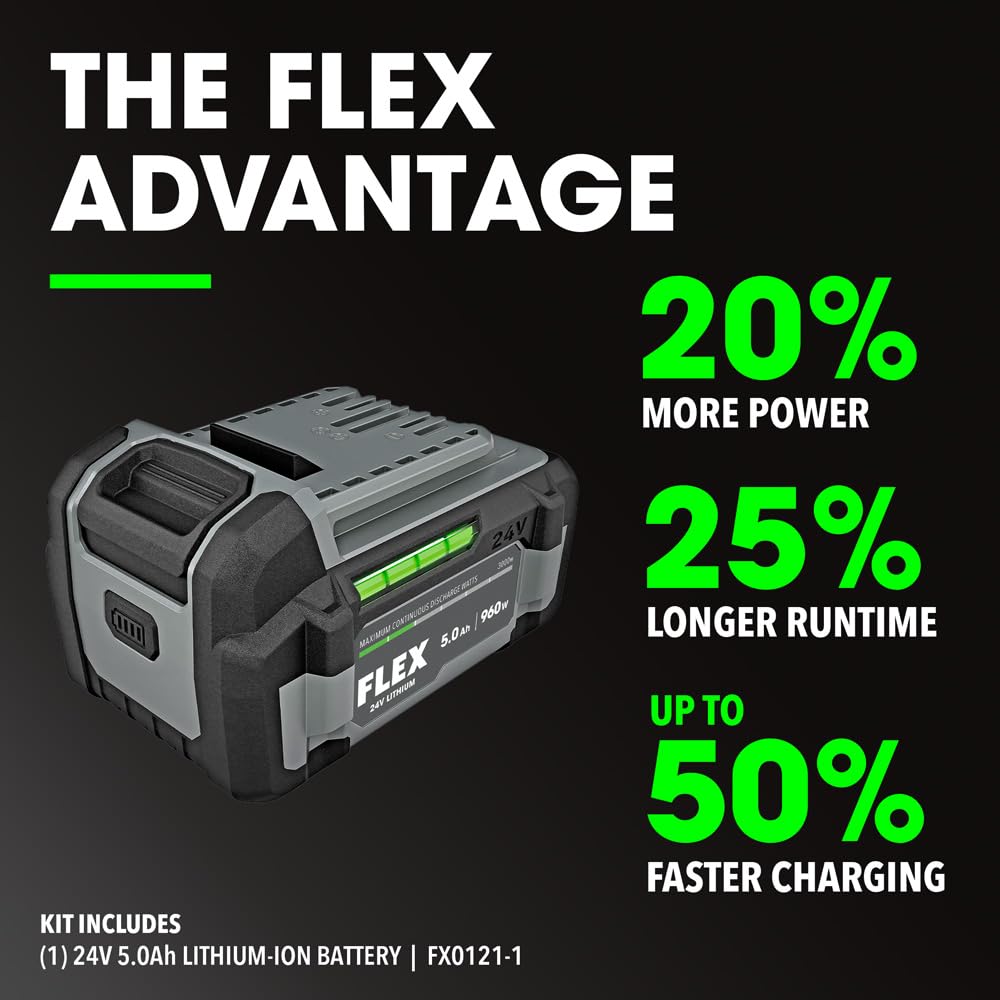FLEX 24V 5.0Ah battery mounted on cordless drill for continuous work