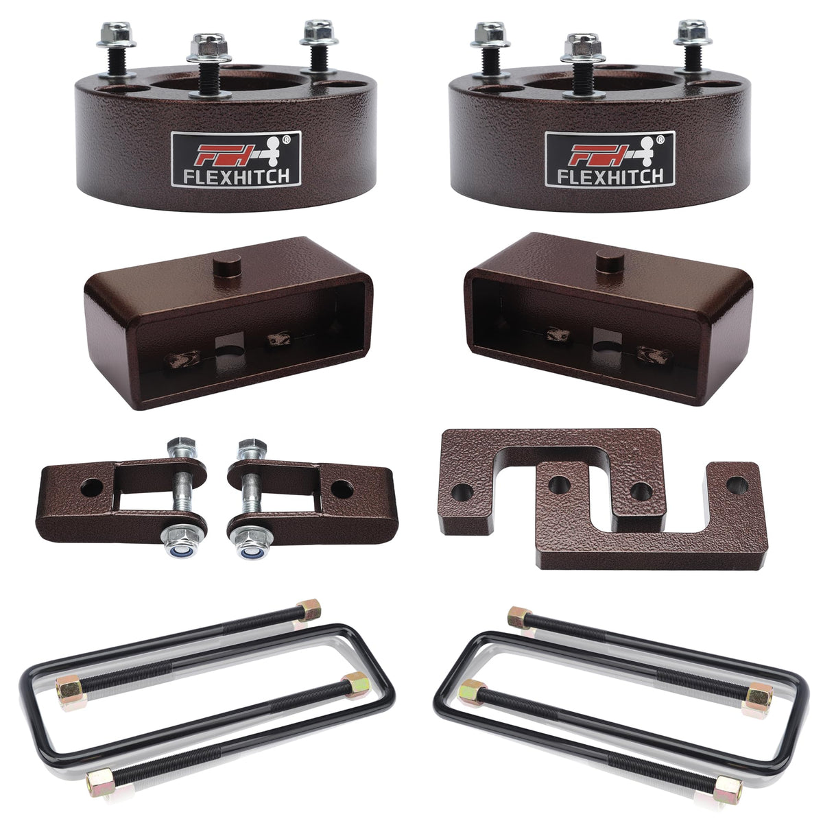 FlexHitch front strut spacers close-up showing precise fit and stronger lift