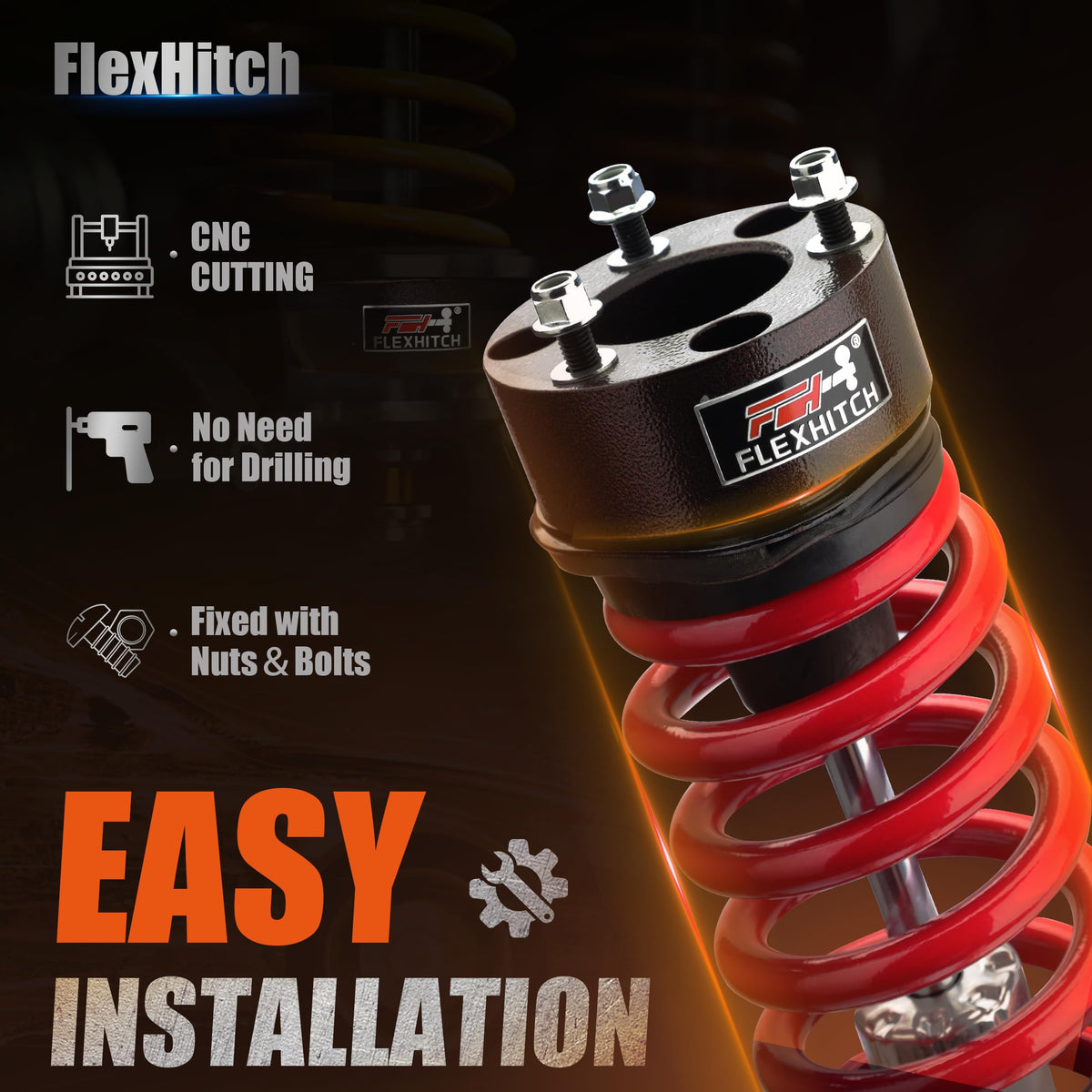 FlexHitch rear shock extension close-up showing restored OEM shock travel