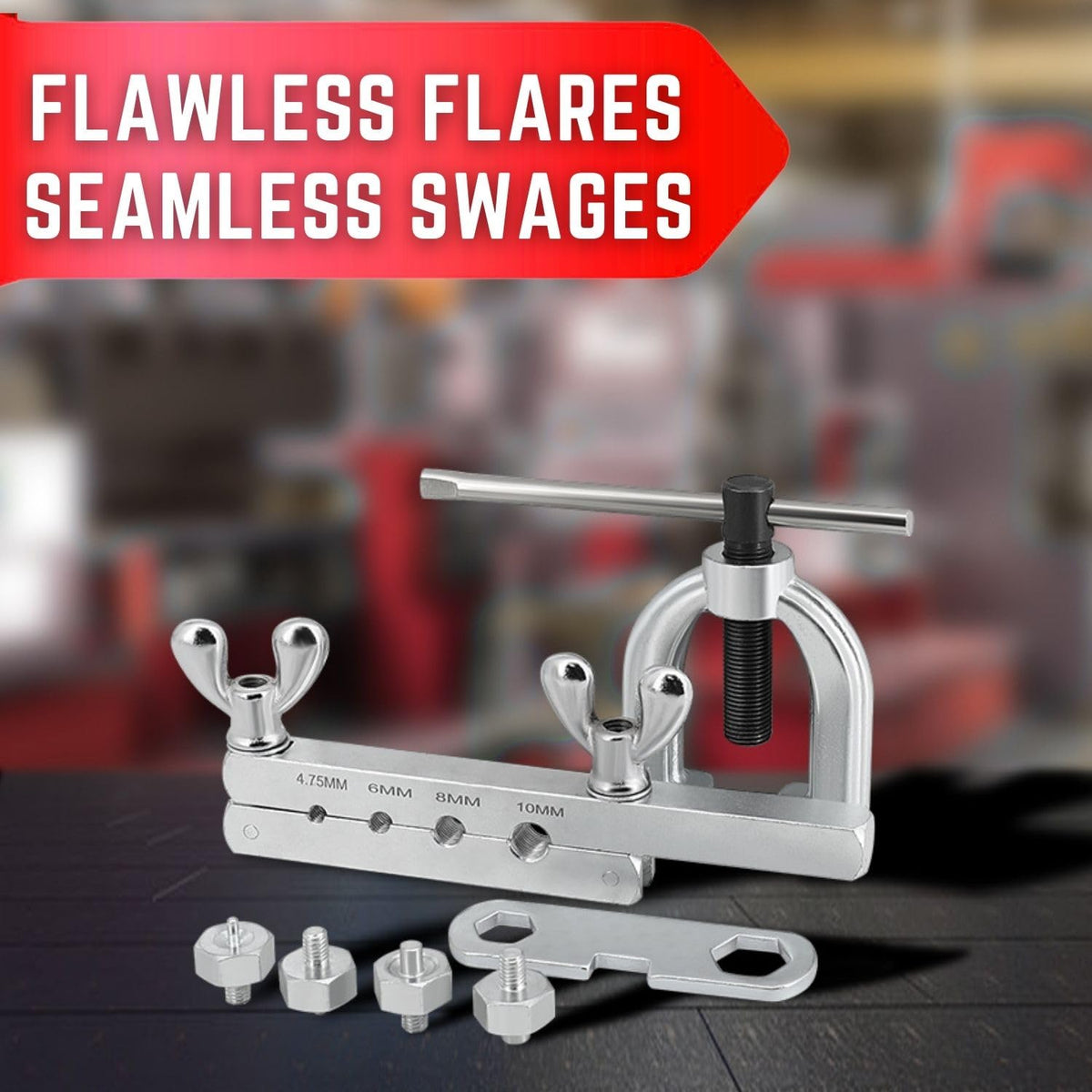 Flexzion flaring bar clamp closeup showing secure tube grip for leak-free flares