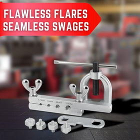 Flexzion flaring bar clamp closeup showing secure tube grip for leak-free flares