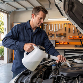 FLIKOU pouring oil into an engine showing precise, mess-free dispensing