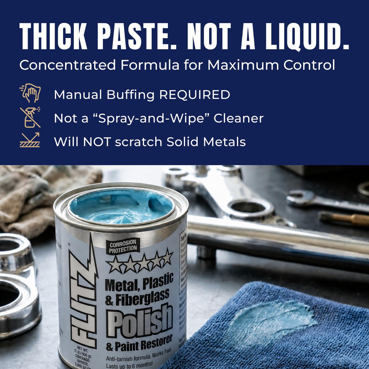 FLITZ hand applying paste to chrome exhaust, demonstrates effective manual buffing