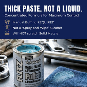 FLITZ hand applying paste to chrome exhaust, demonstrates effective manual buffing