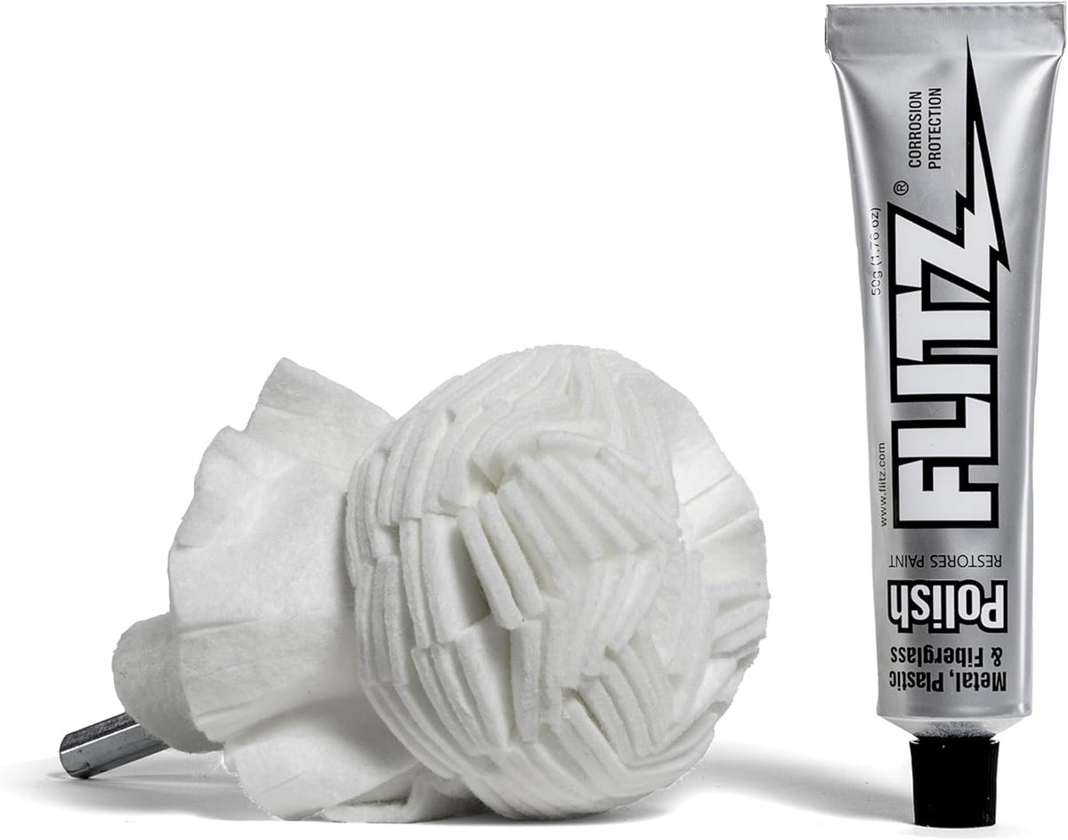 FLITZ buff ball front view showing cover and hub, improving polishing efficiency