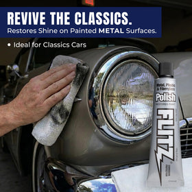 Person buffing motorcycle trim with Flitz showing protective finish and maintenance benefit