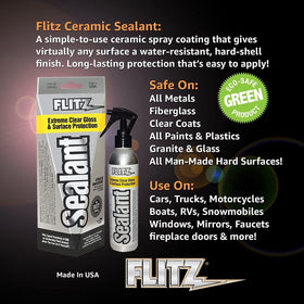 Flitz on boat hull in sun highlighting water repellency and gloss