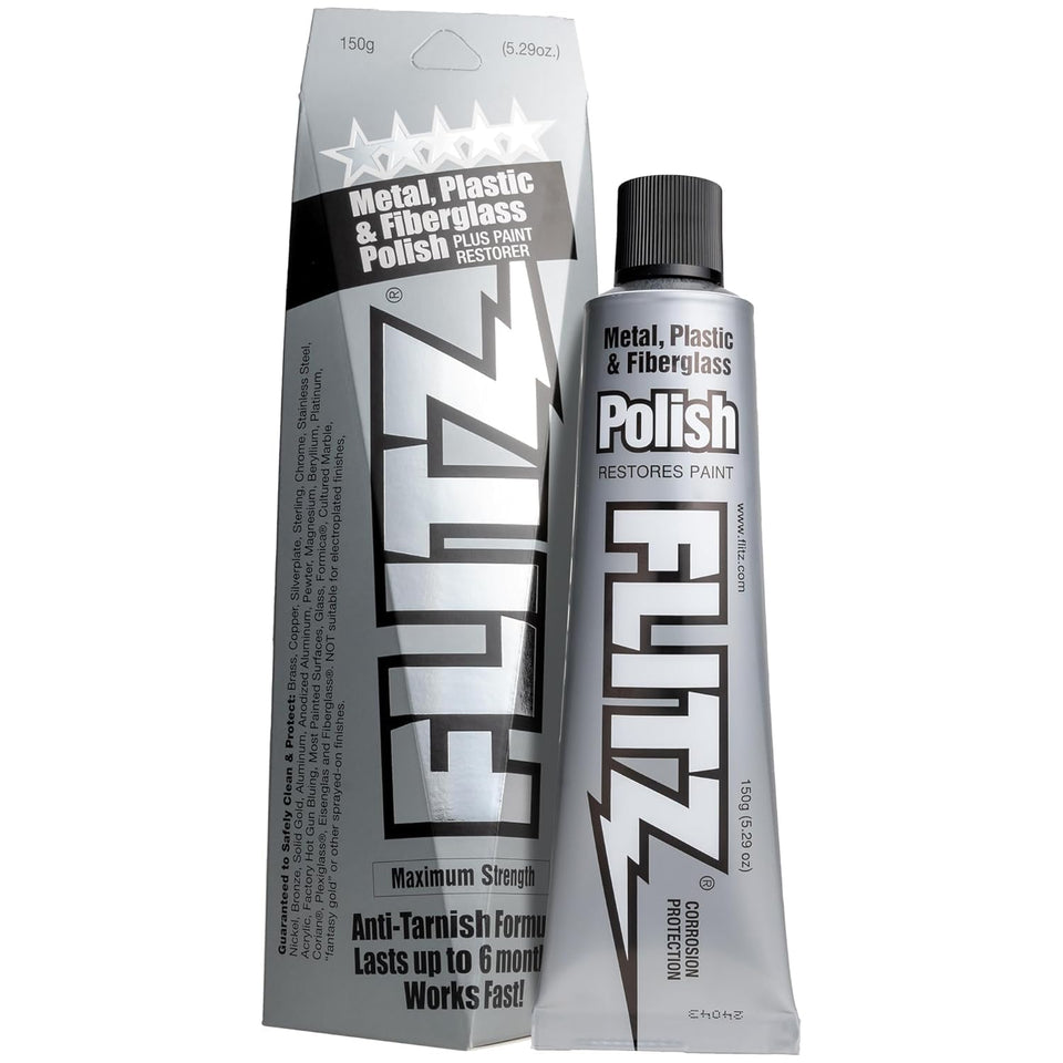 Flitz metal polish paste jar front view showcasing product label and size benefit