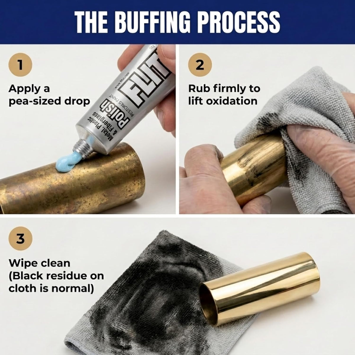 Flitz paste used on stainless steel faucet delivering visible water spot removal benefit