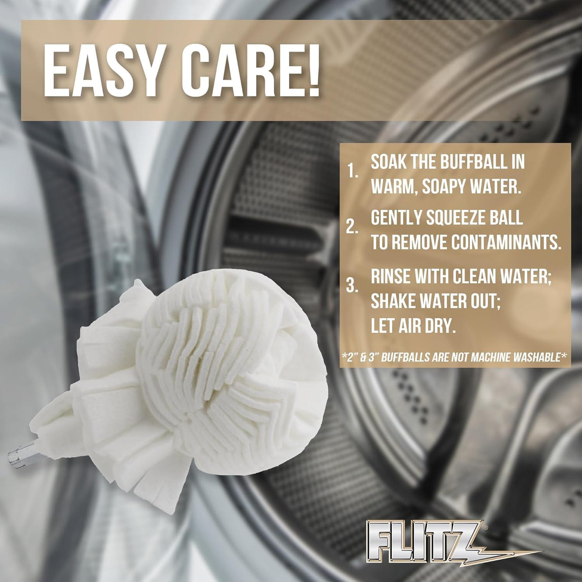 FLITZ buff ball next to 3/8 inch drill showing scale and easy attachment