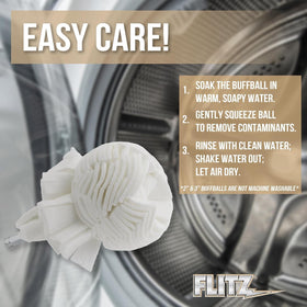 FLITZ buff ball next to 3/8 inch drill showing scale and easy attachment