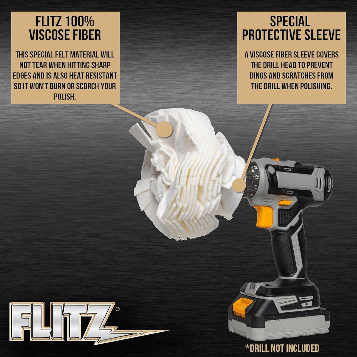 FLITZ buff ball beside a hand for scale highlighting compact convenience