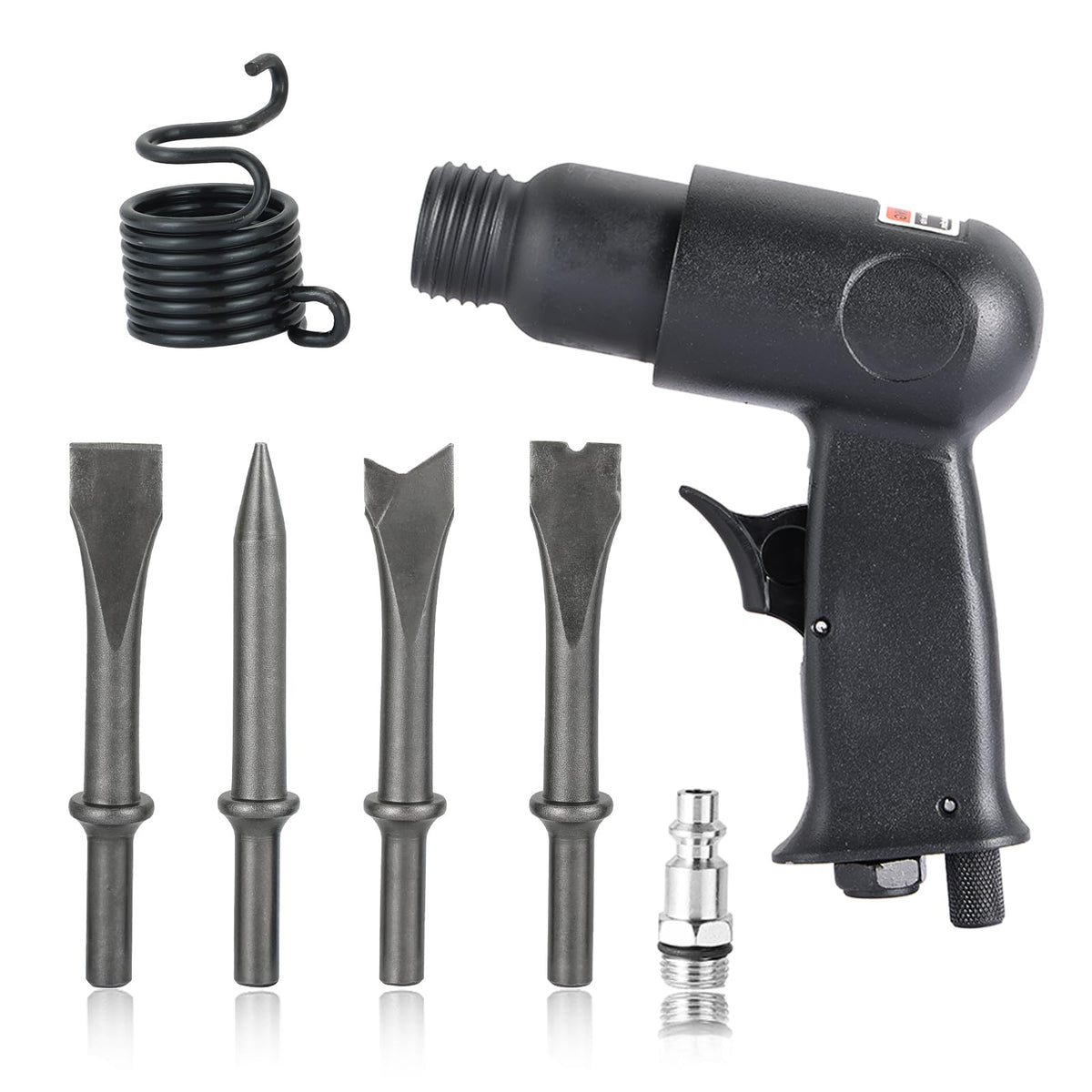FLKQC front view of air hammer kit showing tool and four chisels for workshop versatility