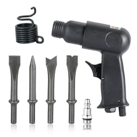 FLKQC front view of air hammer kit showing tool and four chisels for workshop versatility