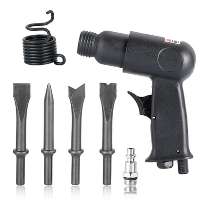 FLKQC front view of air hammer kit showing tool and four chisels for workshop versatility