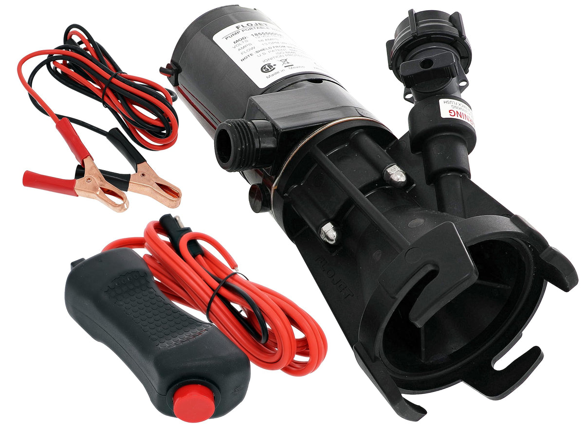 Flojet macerator pump front view showing compact design and easy transport benefit