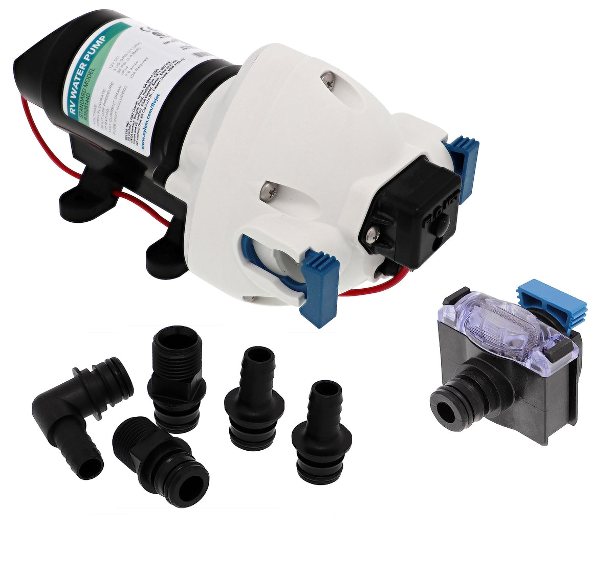 Flojet pump front view showing compact design and labeling, benefits space-saving