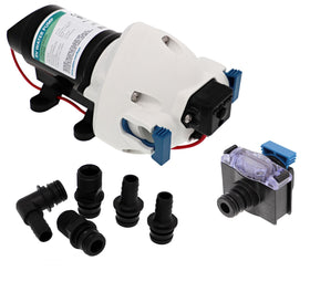 Flojet pump front view showing compact design and labeling, benefits space-saving
