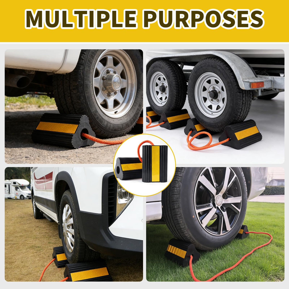 Florety chocks connected by rope stored in trunk, simplifies transport and retrieval