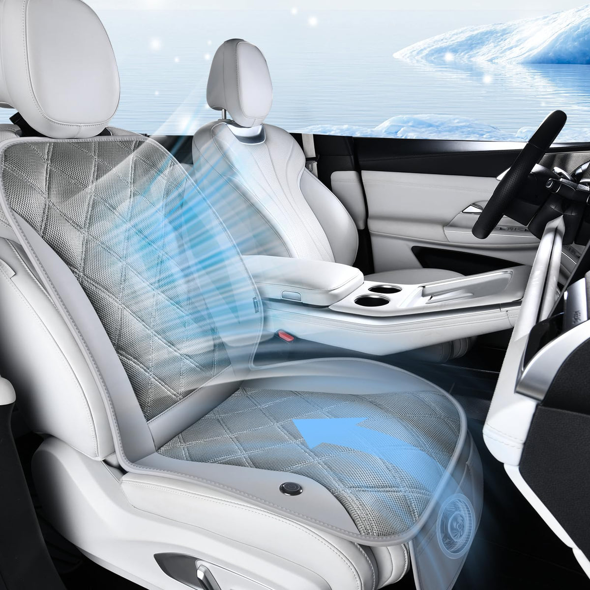 FLORICH front view gray seat cover shows cooling fit and comfort benefit
