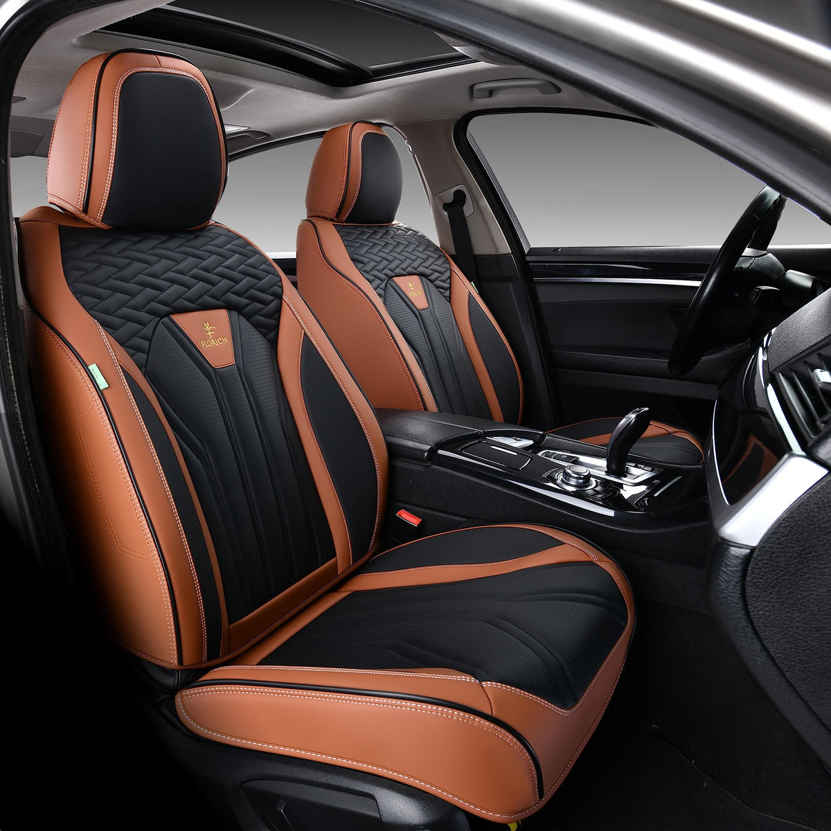 FLORICH front view packaged seat covers showing neat fit and protection