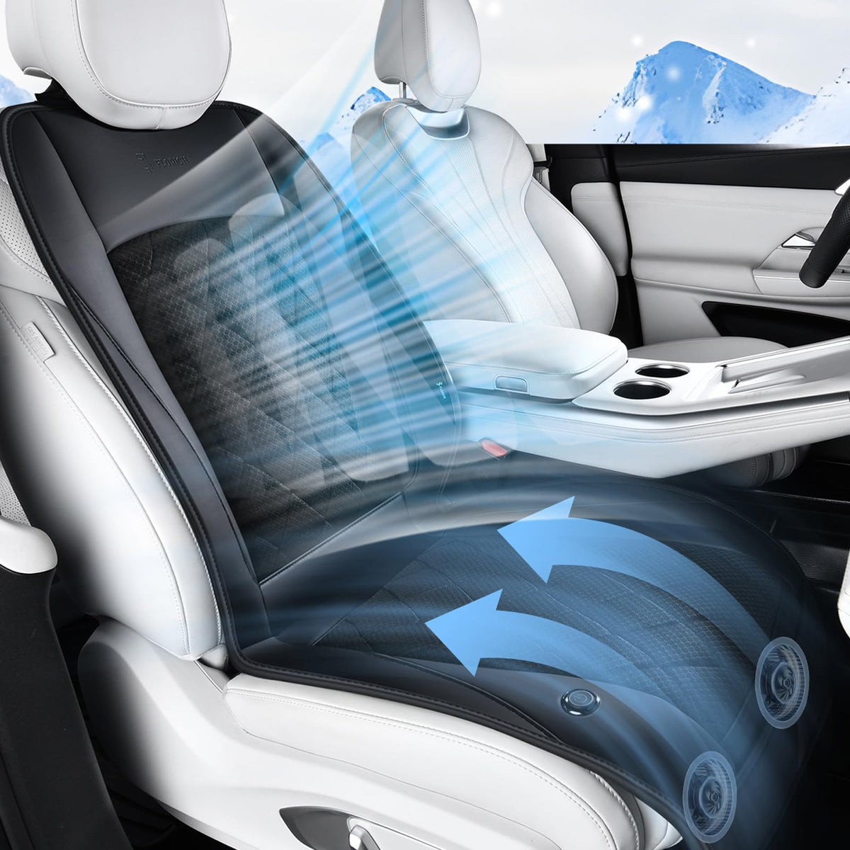FLORICH front view seat cover mounted on car seat showing sleek fit and cooling benefit