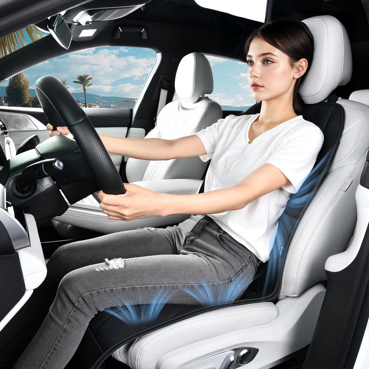 FLORICH lifestyle driving scene showing comfortable driver enjoying cooler seat on a sunny day