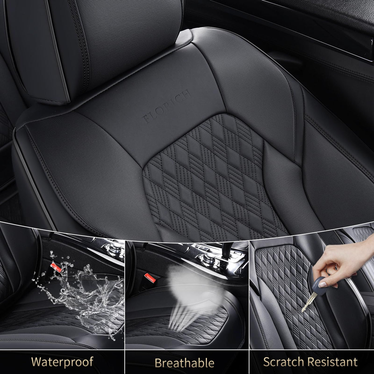 FLORICH seat covers shown in car interior for scale and fit guidance