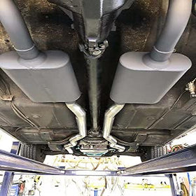 Floshine FH42041 mounted on vehicle exhaust demonstrating fitment and quieter ride benefit